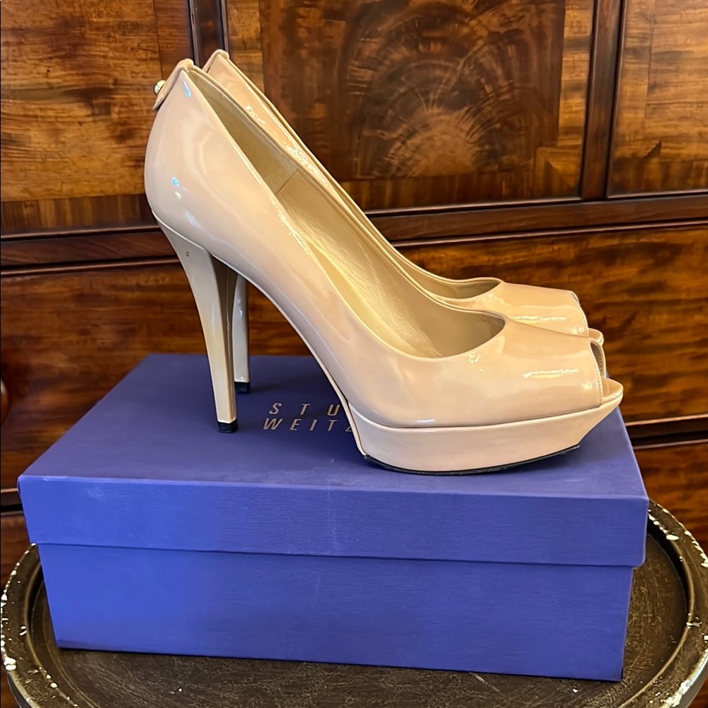 Stuart Weitzman Blush Patent Leather Peep-Toe Platform Pumps